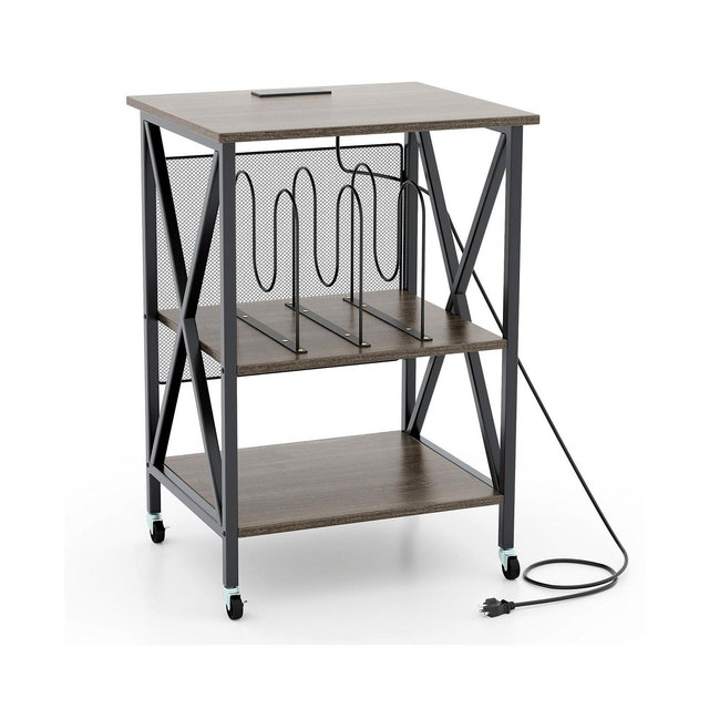 Mid-Century Record Player Stand with Charging Station and Storage Shelves