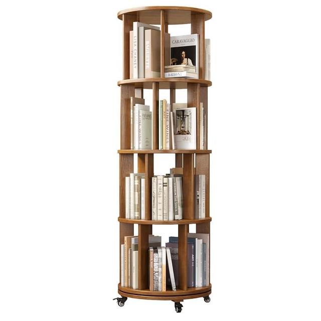 4 Tier Rotating Bookshelf Tower Spinning Bookshelf with Swivel Wheels Book Shelf Rotating Storage Tower for Kids Adult Narrow Walnut Solid Wood Revolving Bookcase Organizer for Bedroom Living Room