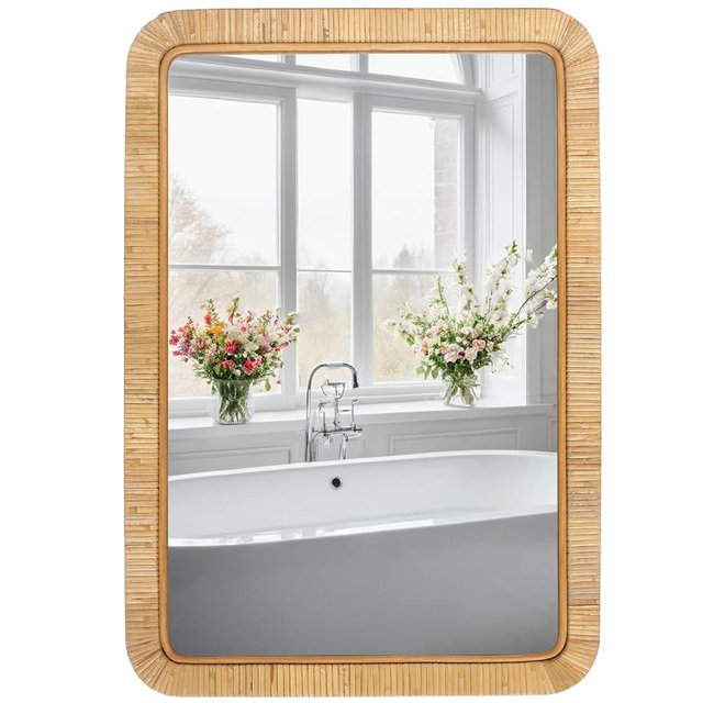 FUIN 20" x 30" Rattan Wicker Rectangle Wall Mounted Bathroom Mirror for Coastal Boho Nursery Decor, Natural