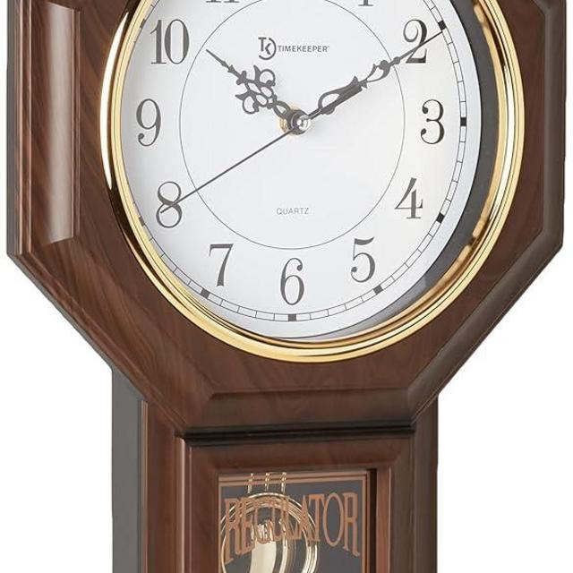 Timekeeper Essex Westminster Chime Faux Wood Pendulum Wall Clock, 17.5" x 11.25", Walnut