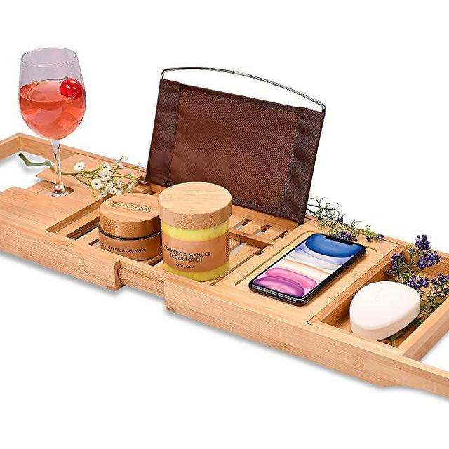 Homemaid Living Bamboo Bathtub Tray, Perfect Expandable Bathtub Caddy for Reading Rack or Tablet Holder, Premium Bath Tray Includes Wine Glass Holder, Bath Caddy with Bonus Soap Holder