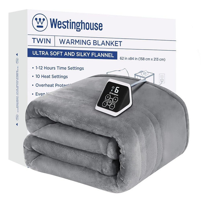 Westinghouse Heated Twin Blanket - Electric With 10 Heating Levels, 1-12 Hours Auto Shut Off, Fast Warming, Machine Washable (62x84 Inches, Light Grey)