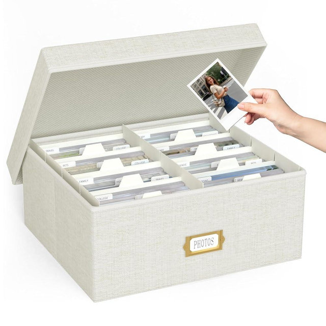 Decorative Photo Storage Box - Line Photo Box Organizer with Dividers, Fits Holds Up to 1700 Pictures and 4x6 Photos, Memory Keepsake Organizer for Photos, Scrapbook Supplies, Cards, Stamps (Beige)