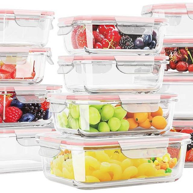 HOMBERKING 12 Sets Glass Food Storage Containers with Lids, Glass Meal Prep Containers, Airtight Glass Bento Boxes, BPA Free & Leak Proof, Pantry Kitchen Storage(12 lids & 12 Containers) - Pink