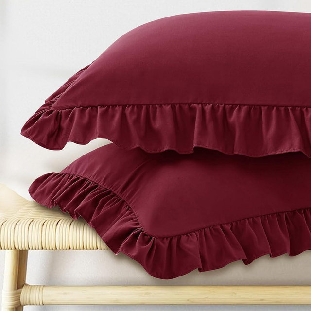 KKJIAF Ruffle Pillow Cases King Size Set of 2, Ruffled Pillow Covers with Envelope Closure, Wrinkle Resistant Ruffled Pillow Shams 20" x 36", Burgundy