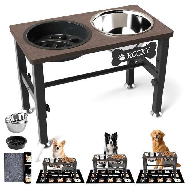 SHAINFUN Elevated Dog Bowls with Slow Feeder & Mat for Medium Large Dogs, Adjustable Height, Raised Dog Bowl Stand with 2 Stainless Steel 58oz Bowls, Tall Dogs Food Water Bowl Wooden & Metal Holder