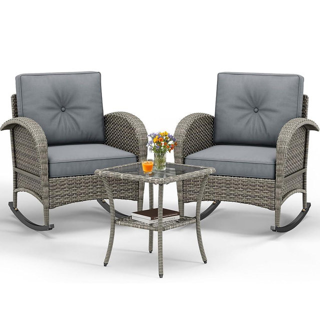 YITAHOME 3-Piece Wicker Rocking Chair Set, Outdoor Patio Furniture Set with Plush Cushions, PE Rattan Bistro Set Including Side Table, Perfect for Garden, Backyard, Porch, and Patio Use, Grey