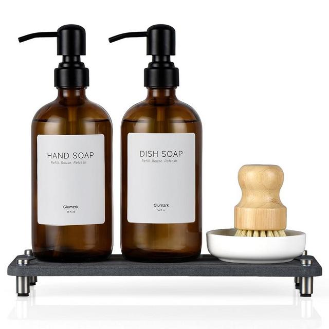 2 Pack Kitchen Soap Dispenser Set - 16oz Amber Glass Dish and Hand Soap Dispenser with Stainless Steel Pump, Instant Dry Tray, Dish Brush & Holder, Refillable Countertop Sink Decor for Kitchen & Bath