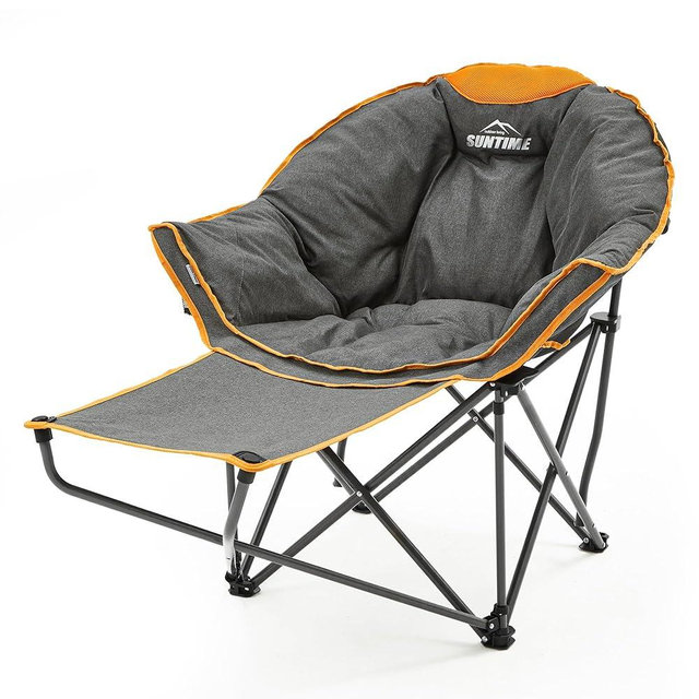 OUTDOOR LIVING SUNTIME Oversized Padded Comfy Camping Chair with Removable Footrest， Weight Capacity 400 LBS, Heavy Duty Moon Round Leisure Folding Chair for Camping, Hiking, Carry Bag, Orange