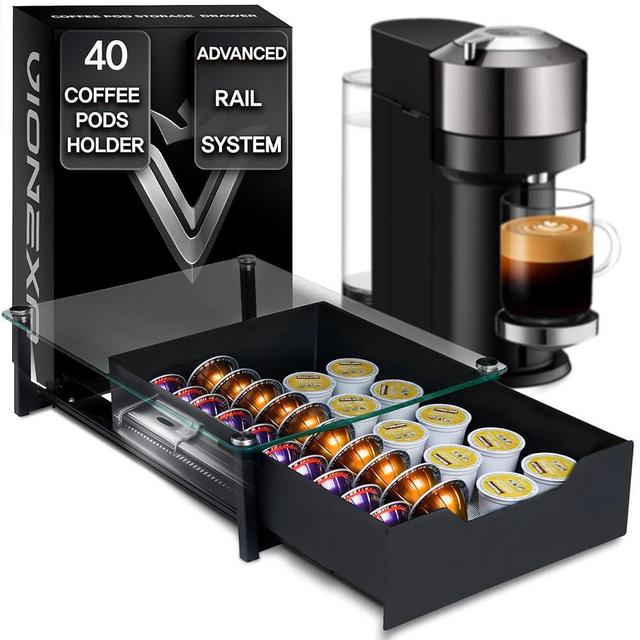 VIONEXA Coffee Pod Holder with Rail Drawer for Nespresso – 40 Pods Capacity for Nespresso Vertuoline & K-cups Capsule – Tempered Glass and Anti-Slip Base Metal Coffee Pods Organizer 16.14x11.81x3.94