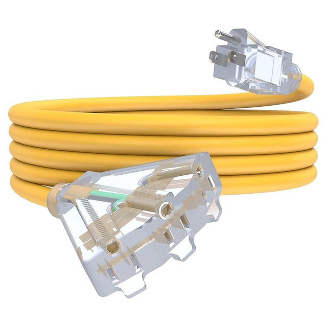 15Ft 12/3 Outdoor Extension Cord with 3-Outlets, Heavy Duty 12 Guage 3 Prong Extension Cord Waterproof with Lighted end, 15A 12AWG 1875W SJTW, ETL Listed - Great for Garage, Garden and Home, Yellow