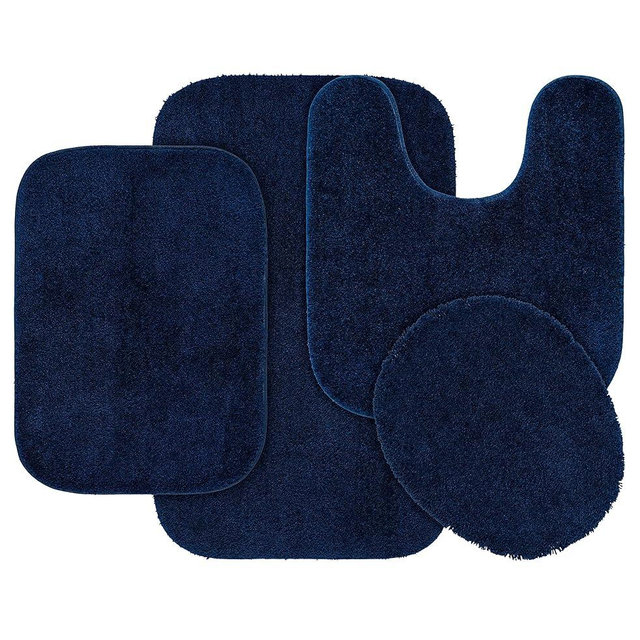 Garland Rug Traditional Nylon Washable Navy 4 Piece Set - Lid, Contour, 2 Bath Rugs - Soft, Absorbent, and Stylish for Your Bathroom
