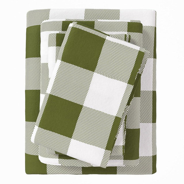 Great Bay Home Flannel Sheet Set Queen Size - 100% Turkish Cotton, Double-Brushed, Printed Bed Sheets - Ultra-Soft, Cozy, 4-Piece Bedding Set (Buffalo Check - Green)