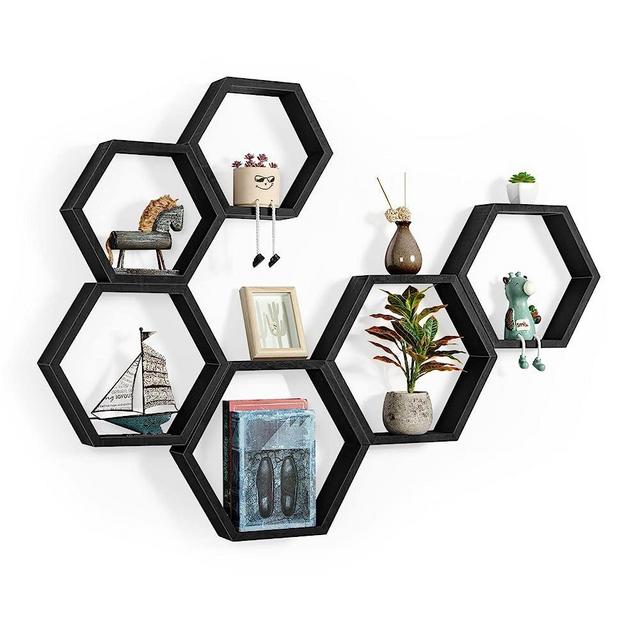 YBING Hexagon Floating Shelves Black Hexagon Shelves for Wall Wood Farmhouse Storage Honeycomb Shelves Set of 6 Hexagon Wall Mounted Home Decor Storage Shelves for Living Room Bedroom Office