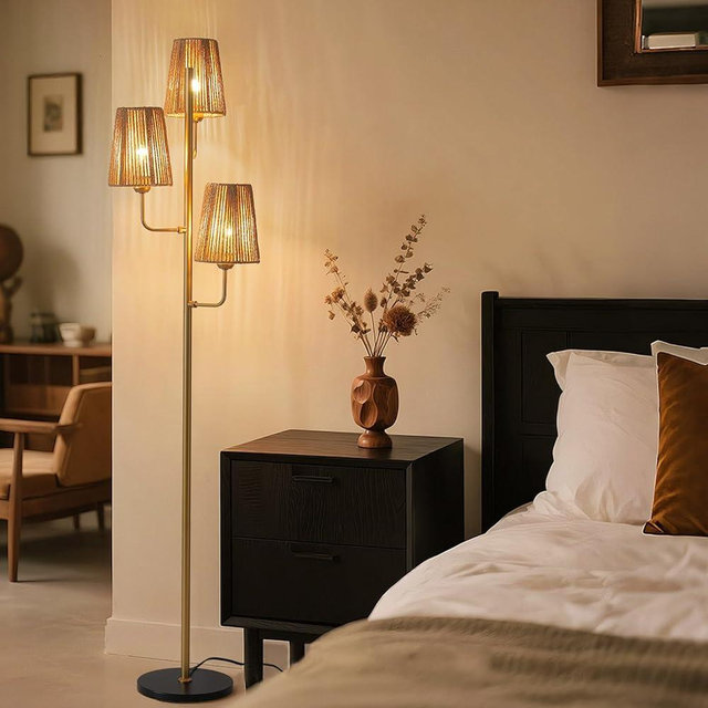 XZHGCEE Boho Floor Lamp for Living Room:3 Light Rattan Floor Lamp for Bedroom, Gold Standing Lamp with Foot Switch, Coastal Rustic Tall Lamp, No Bulb