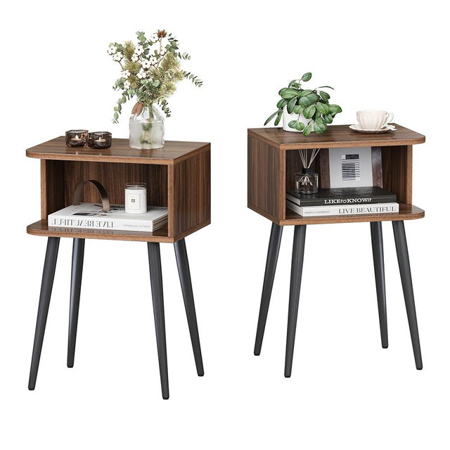 Nightstand Set of 2, Small Bed Side Table for Small Spaces, Mid Century Modern Nightstand End Table with Open Storage, Side Table for Bedroom Living Room, Walnut Brown MLBZ20R-2