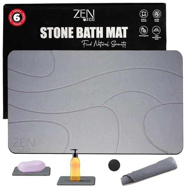 ZEN-ECO Diatomite Stone Bath Mat Quick Dry (6-Piece) – Bath Mat Stone Absorbing with Foldable Diatomaceous Earth Bath Mat & 2X Soap Dish – Non-Slip Stone Shower Mat (23.5" x 15.5") Grey