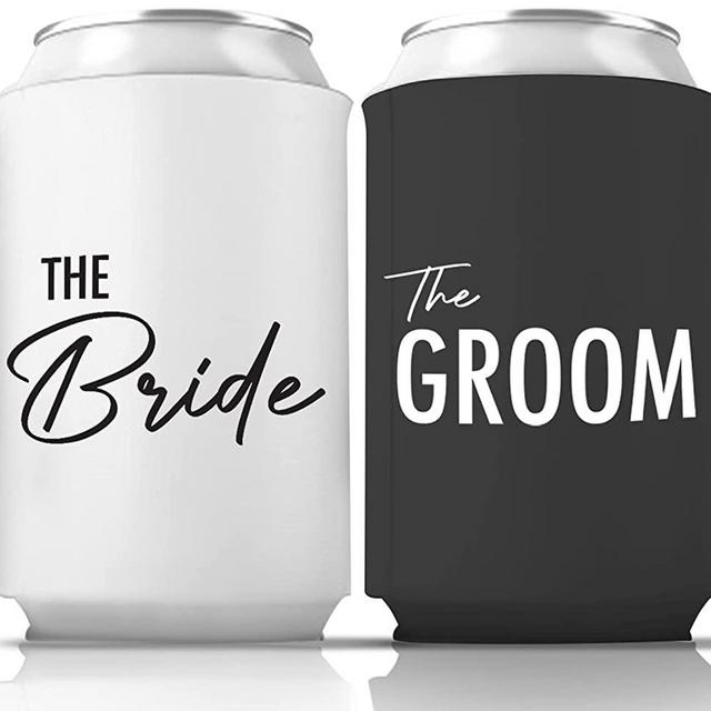 Pretty Robes Bride and Groom Can Coolers Couples Collapsible Bottle and Can Sleeves Insulator Couples Can Cooler Set for Wedding, Engagement, Anniversary, Bridal Showers