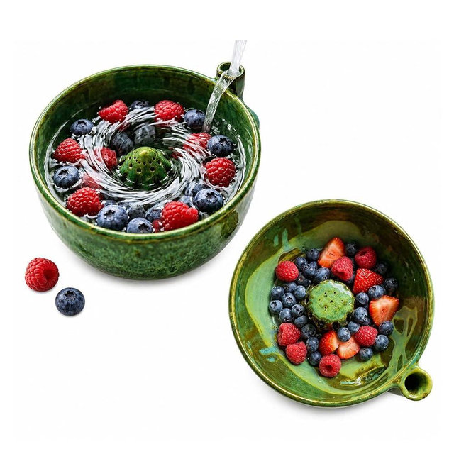 Self Rinsing Berry Bowl, The Original Artisan Swirling Berry Bowl, Handmade Ceramic Berry Colander with Vortex Fruit Washing Design, Stoneware Fruit Rinse Bowl for Kitchen Counter