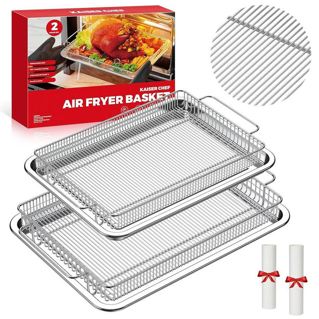 Air Fryer Basket for Oven, Stainless Steel Mesh Crisper Tray and Basket Set, Non-Stick Oven Air Fryer Basket for Healthy Oil-Free Cooking, Dishwasher Safe, Fits Most Toaster Ovens & Ranges (2 Set M+L)