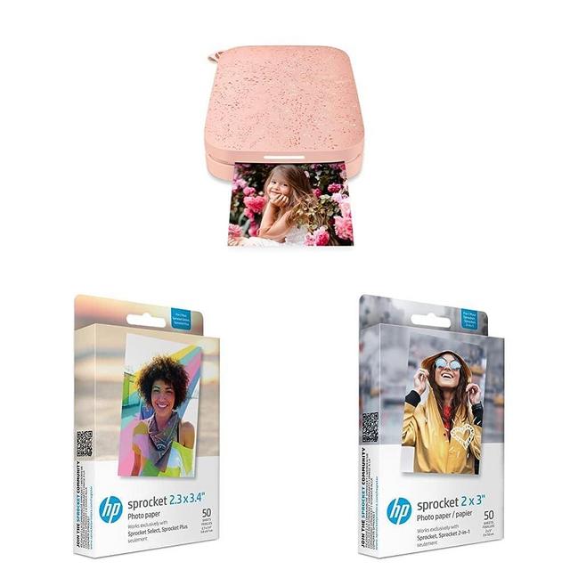 HP Sprocket Portable 2x3 Instant Photo Printer (Blush) & Sprocket 2.3 x 3.4 Premium Zink Sticky Back Photo Paper (50 Sheets) & Sprocket 2x3 Premium Zink Sticky Back Photo Paper (50 Sheets)