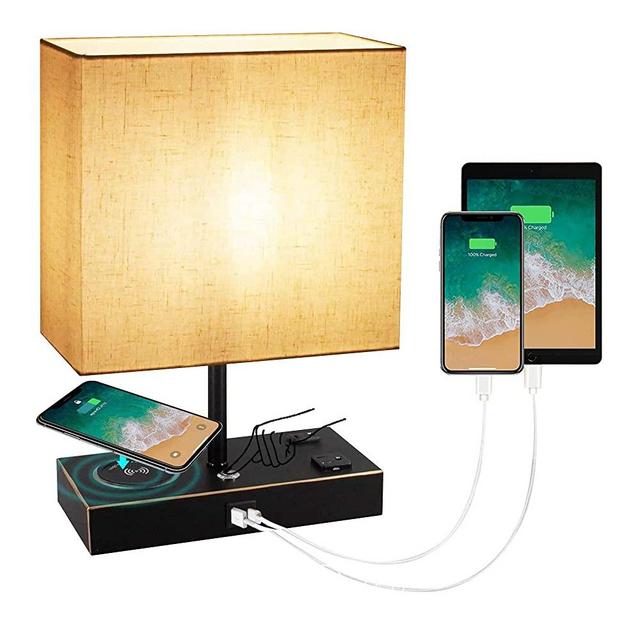 Table Lamp with Wireless Charger, Touch Control Table Lamp for Bedroom Living Room, 3 Way Dimmable Bedside Table Lamp for Nightstand with 2 USB Ports and 2 AC Outlets, 9W Blub Inclued(Black).