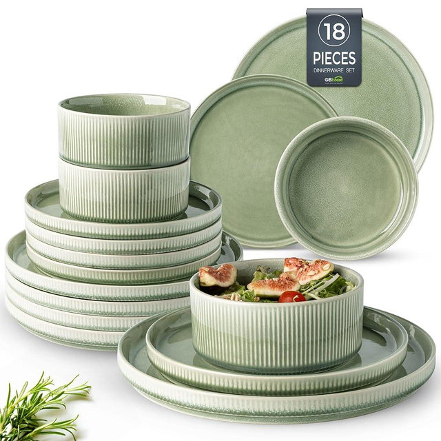 GBHOME Stoneware Dinnerware Sets for 6,Round Reactive Glaze Ceramic Plates and Bowls Set,Highly Chip and Crack Resistant | Dishwasher & Microwave Safe Dishes Set,Dishware Service for 6(18pc)