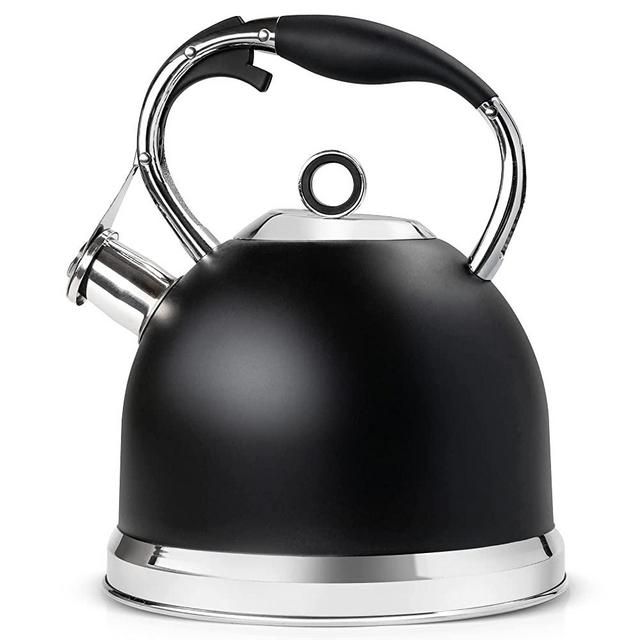 Tea Kettle - 3.17QT Whistling Tea Pots for Stove Top - Sleek 18/8 Stainless Steel Stovetop Kettle, Easy-grip Handle With Trigger Opening Mechanism, 1 Free Silicone Pinch Mitt Included (Black)