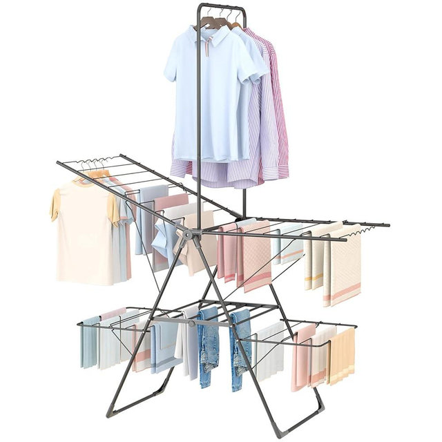 Bigzzia Clothes Drying Rack Foldable, 68.9Inch High Hanger Laundry Drying Rack with 4 Height-Adjustable Wings, Lightweight and Space Saving Clothes Airer for Apartments, Dorms, Camping