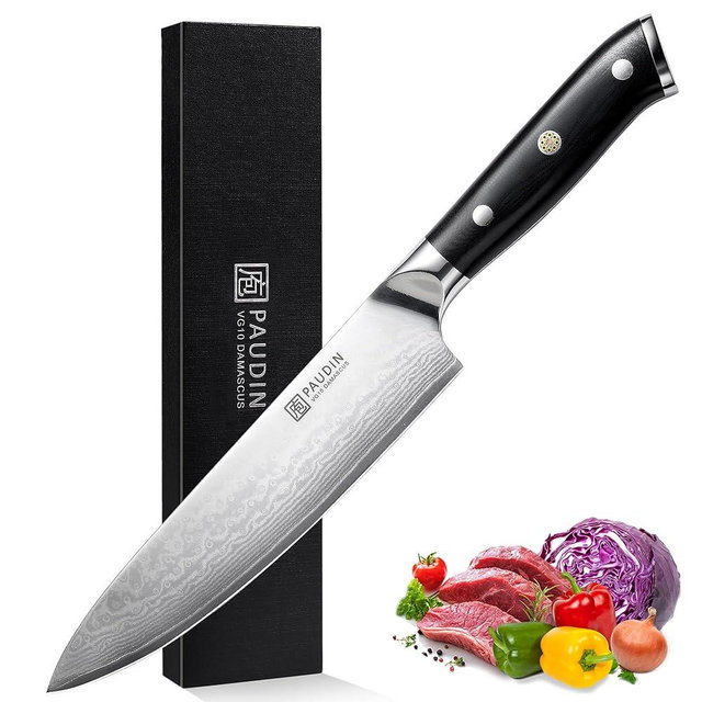 PAUDIN Damascus Chef Knife, 8 Inch Kitchen Knife, 67 Layers Damascus Steel Knife Japanese VG10 Core, Professional Chefs Knife with Ergonomic G10 Handle