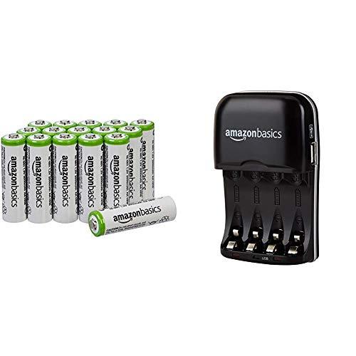 AmazonBasics AA Rechargeable Batteries (16-Pack) and Ni-MH AA & AAA Battery Charger With USB Port Set