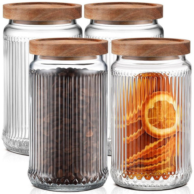 Acellegic 4 Pcs Ribbed Glass Jar with Lids 32 oz Glass Food Storage Jars with Acacia Lid Airtight Storage Containers Vintage Decorative Home for Kitchen Counter, Pantry, Coffee Bean, Grains, Tea
