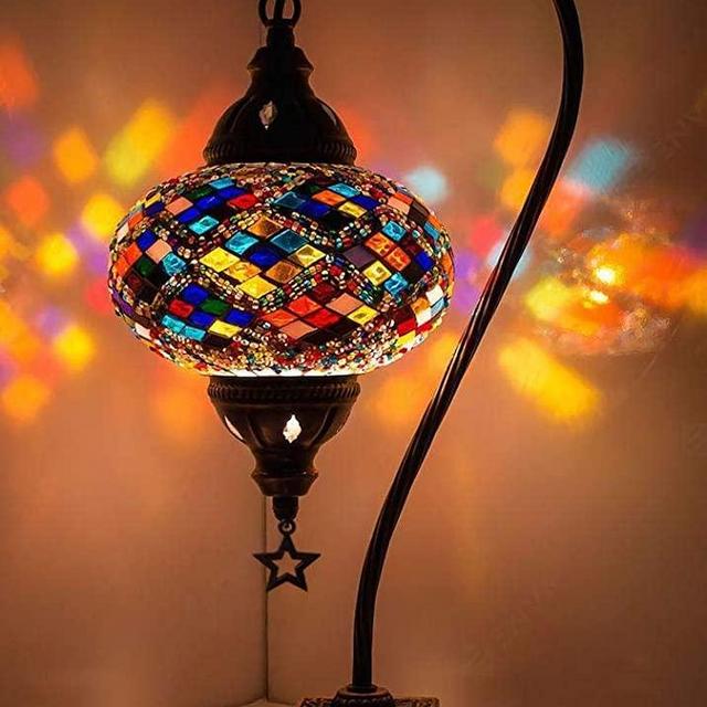 (33 Colors) DEMMEX Turkish Moroccan Mosaic Table Lamp with US Plug & Socket, Swan Neck Handmade Desk Bedside Table Night Lamp Decorative Tiffany Lamp Light, Antique Color Body (1)