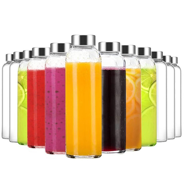 Luxfuel 18 oz Clear Glass Water Bottles with Lids, Reusable Glass Juice Bottles with Stainless Steel Cap for Juicing, Refrigerator,100% Leak Proof, BPA Free, Set of 24