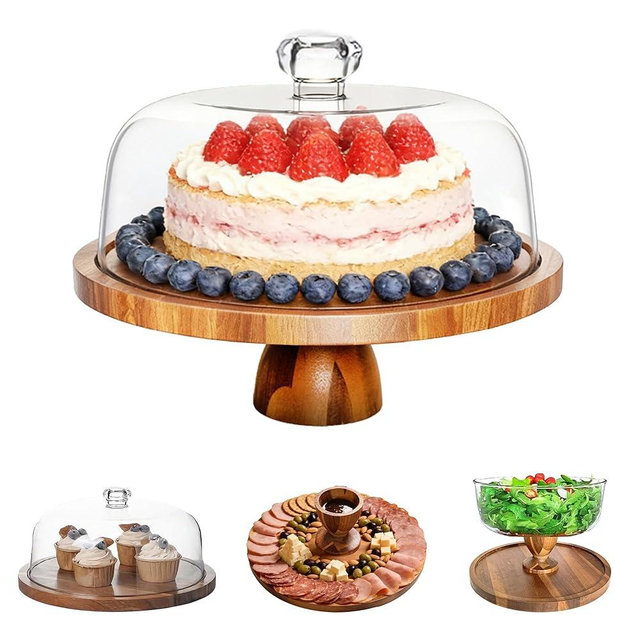 Acacia Wood Cake Stand with Lid , Cake Stand with Dome, 10inch Multifunctional Dessert Table Display Set with Removable Base, Suitable for Cake/Cheese/Chips & Dips/Fruit Platter/Charcuterie Board/Baking Gifts/Wedding registry items