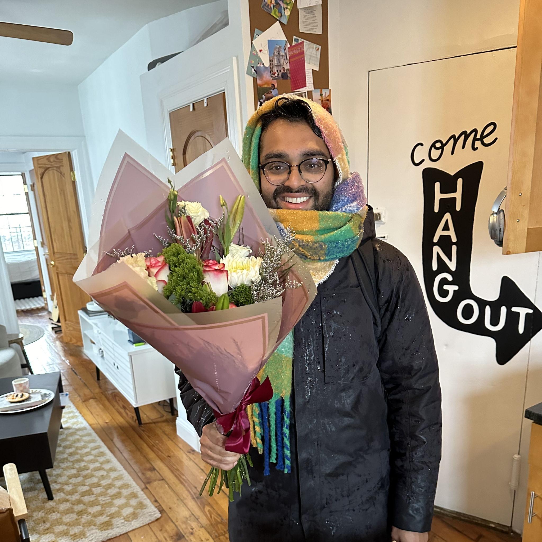 reshy in his feminine era with a hot girl scarf and gorgeous bouquet for Vday - Feb 2024