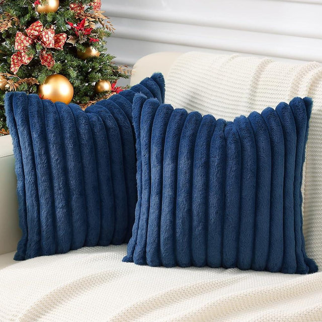Pallene Faux Fur Plush Throw Pillow Covers 16x16 Set of 2 - Luxury Soft Fluffy Striped Decorative Pillow Covers for Sofa, Couch, Living Room - Navy Blue