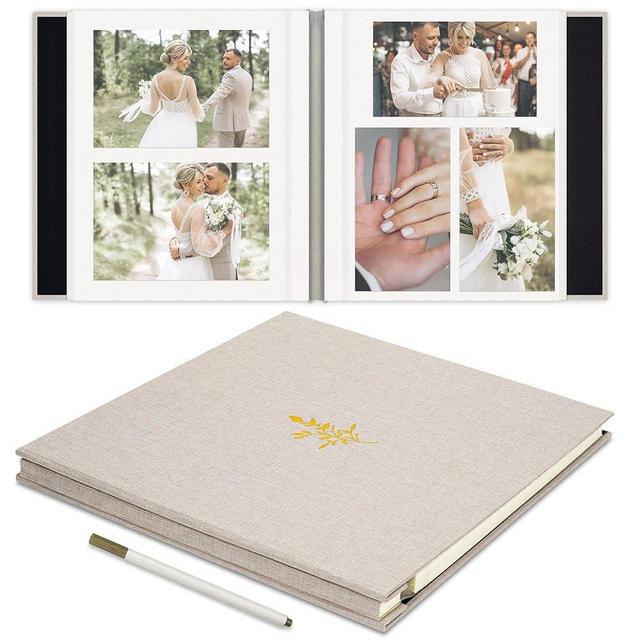 Remowith Self Adhesive Photo Album, Beige Scrapbook Album with DIY 40 Blank Pages, Wedding Photo Album with A Metallic Pen for 4x6 5x7 2x3 Pictures, 10.6"x11"