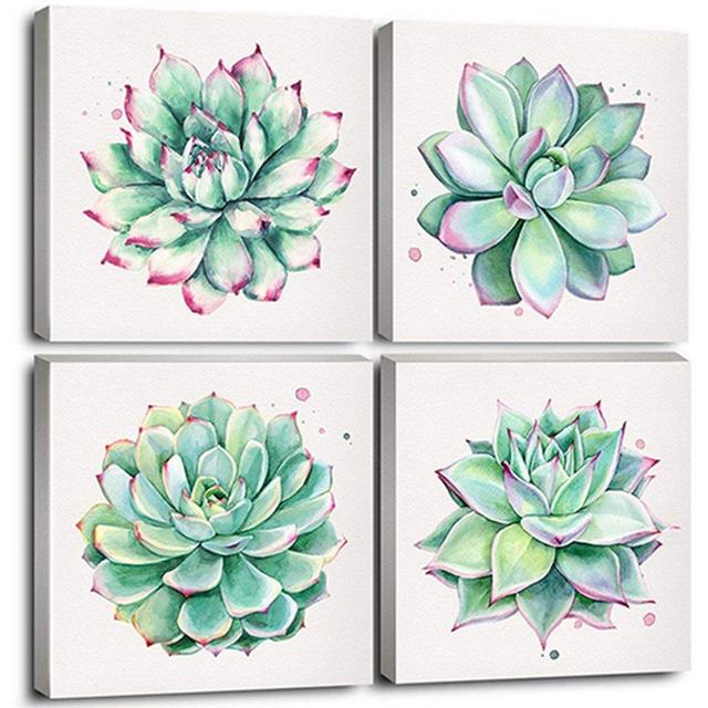 Home Wall Art Décor Succulent Plants Simple Life Canvas Oil Paintings Posters Prints 12&quot; x 12&quot; 4 Pieces Watercolor Hand-Drawn Green Leaf Framed Nature Pictures for Living Room Kitchen Decorations
