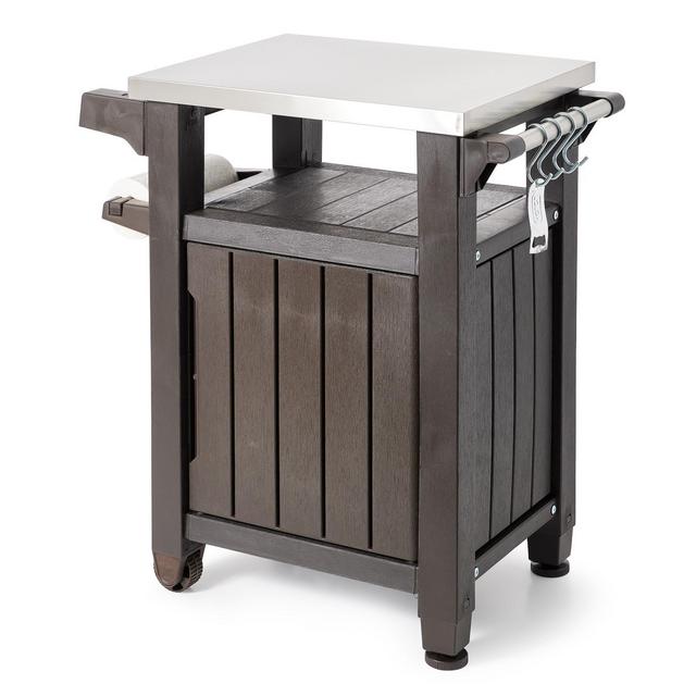 Keter Unity 40gal Patio Storage Grilling Bar Cart w/ Stainless Steel Top, Brown