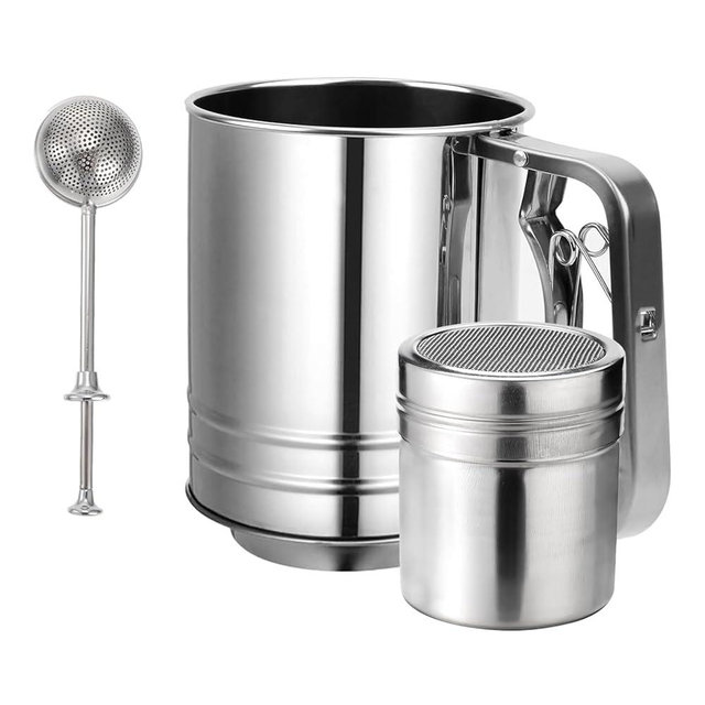 Flour Sifter, 3 in 1 Stainless Steel Sifter for Baking, 3 Cup Double Layer Fine Mesh Sifter, Powdered Sugar Shaker Duster Set for Baking Cakes, Pastries, Pies, Cupcakes and Desserts
