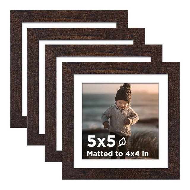 KINLINK 5x5 Picture Frame Brown Set of 4, Wooden Square Photo Frames Matted 4x4 with Plexiglass for 4x4 with Mat or 5x5 without Mat for Table and Wall Display