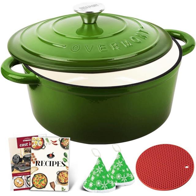 Overmont Enameled Cast Iron Dutch Oven - 5.5QT Pot with Lid Cookbook & Cotton Potholders - Heavy-Duty Cookware for Braising, Stews, Roasting, Bread Baking green