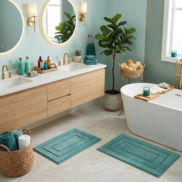 GRANNY SAYS Bathroom Rugs Sets 2 Piece, Soft Absorbent Microfiber Bath Mats for Bathroom Non Slip Washable, U-Shaped Toilet Bath Rugs for Tub Shower (Teal, 16" x 24" + 20" x 32")