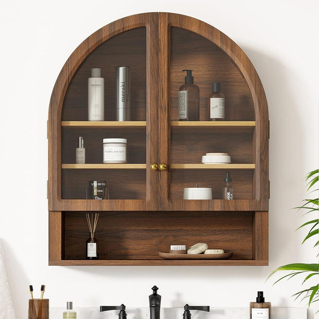 EYYTHUNG Arched Wall Cabinet, Floating Bathroom Medicine Cabinets, Modern Storage Cabinet with Acrylic Door and Open Shelf, Wall Mounted Storage Organizer for Bathroom, Laundry Room, Brown