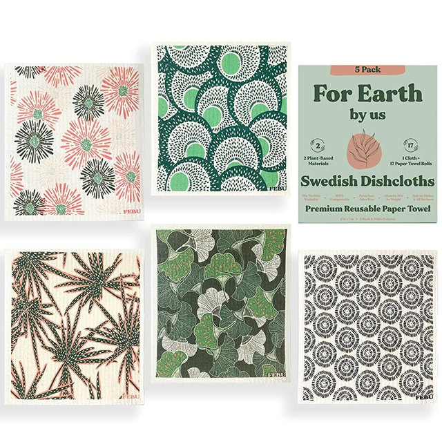 FEBU Swedish Dishcloths for Kitchen | 5 Pack Botanique Swedish Dish Towels | Cellulose Sponge Cloths | Non Scratch Reusable Paper Towels | No Odor, Biodegradable and Reusable Kitchen Dish Rags
