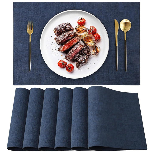 LANDVIEW Leather Heat Resistant Placemats Set of 6 Waterproof Wipeable Washable PU Table Mats,Easy to Clean Anti-Slip Place Mats (Navy Blue, 6)