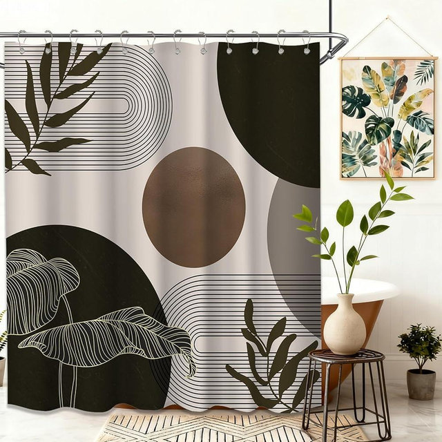 Keeuy Brown and Beige Shower Curtain Light Brown Tan Taupe Boho Mid Century Modern Shower Curtains for Bathroom Decor MCM Mens Cool Bath Curtain Set, Waterproof Fabric with Hooks 70 x 72 Inch