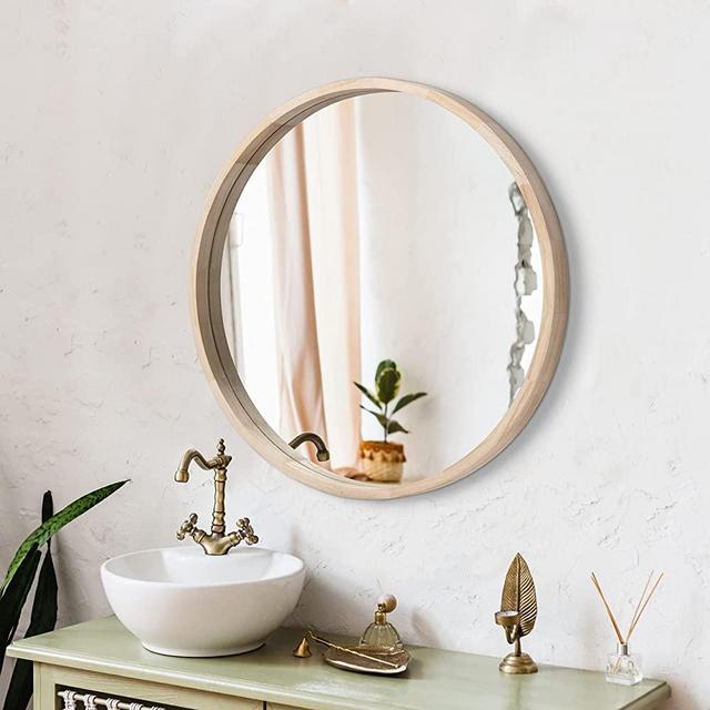 Round Wood Mirror 24 Inch Farmhouse Wall Mirror Wooden Framed Circle Mirror for Bathroom