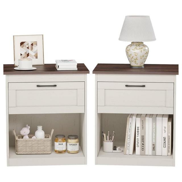 Vikiullf Farmhouse Nightstand Set of 2, Wooden Bedroom Nightstands with Drawer and Open Shelf, Large Side Table for Bedroom, Living Room